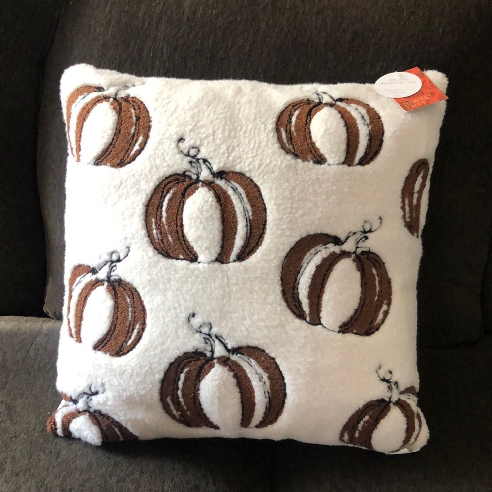 Down Alternative White Sherpa Pillow with Brown Pumpkin Embroidery